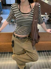 Breathable Short Sleeve T-Shirt Women 2026 New Summer Regular Shoulder Striped Design Unique Beautiful Cropped Top Casual - Apricot Black Stripes - View 1