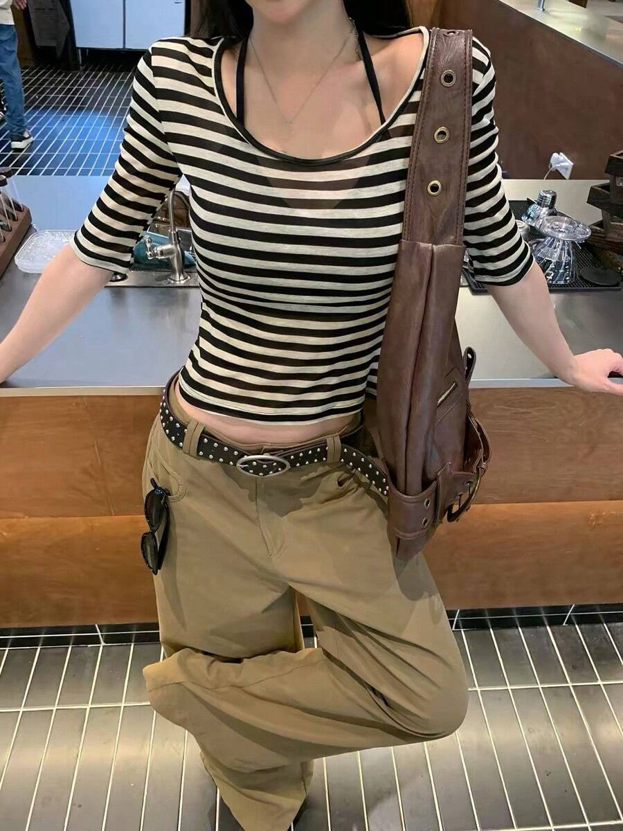 Breathable Short Sleeve T-Shirt Women 2026 New Summer Regular Shoulder Striped Design Unique Beautiful Cropped Top Casual - Apricot Black Stripes - View 1