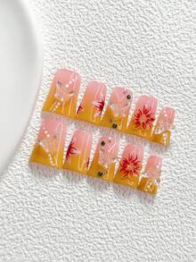 10片手工穿戴式美甲貼，Polygel美甲套組，幻彩蝴蝶與祖母綠圓形水鑽，黃紅白配色，極簡風，含美甲工具，3種尺寸可選，杏仁/鴨嘴/棺材形，適合派對、跳舞、日常配戴 - 彩色 - 查看 13