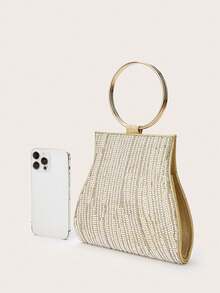 Bolso de mano de noche cuadrado plisado con cadena de lentejuelas, asa de argolla de metal y cuentas de strass doradas, perfecto para vestidos de gala, accesorios de baile, vestidos de lentejuelas, vestidos brillantes, vestidos de gala elegantes, bolso de gala elegante, también adecuado para damas de honor, aplicable para recepciones de bodas, fiestas, bodas, bailes, galas y otras ocasiones - Dorado - Ver 7