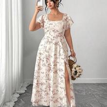 yonghongmaoyi1  Vestido de verano elegante y estilizador para mujer de talla grande con cuello cuadrado francés, mangas con volantes, abertura en el bajo, adecuado para uso casual, vacaciones ligeras, ocasiones sociales, fiestas de cóctel y citas - Azul - Ver 5