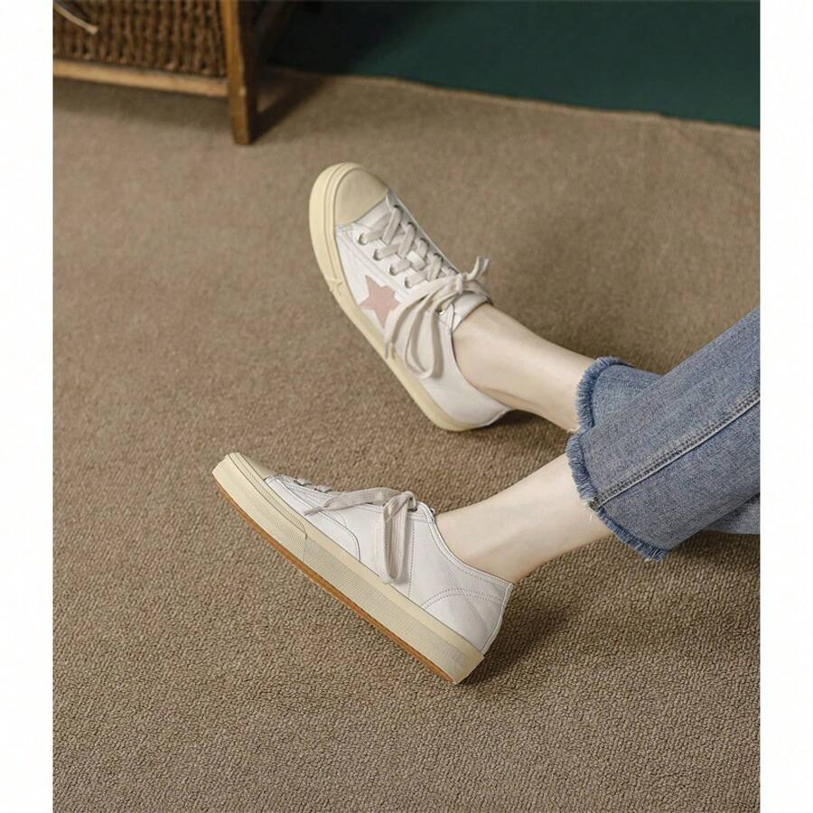 Pink Star Distressed Sneakers For Women, Spring/Summer Lace-Up Casual Sneakers, Versatile Vintage White Shoes, Half-Slippers For Women - White Black Star - View 1