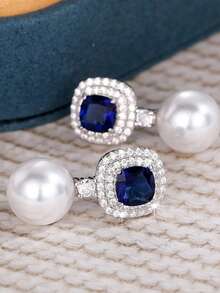 1 Pair Classic Cute Square Sugar Blue Exquisite Earrings, French Vintage Wedding Banquet Studs - Earrings - View 4