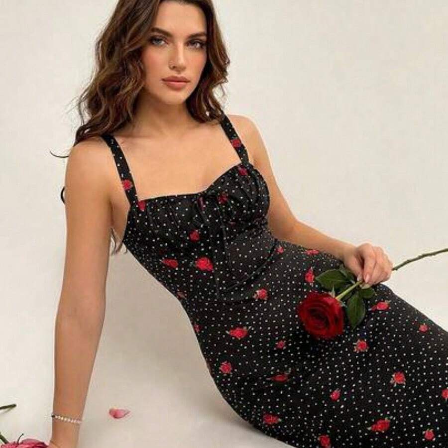 yonghongmaoyi1 MOD Vestido de longitud media con cintura fruncida y bordado floral para mujer - Multicolor - Ver 1