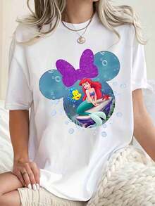 Women Round Neck T Shirt Ariel Mermaid Mickey Mouse Design Summer Casual Wear Disney Theme Party 220g - trắng - Xem 1