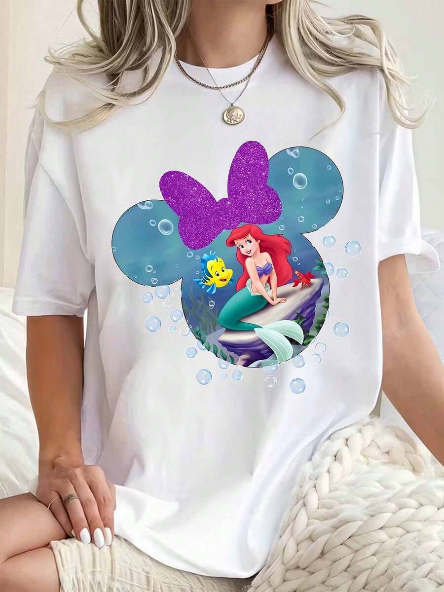Women Round Neck T Shirt Ariel Mermaid Mickey Mouse Design Summer Casual Wear Disney Theme Party 220g - trắng - Xem 1