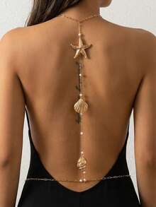 1 Piece Body Necklace With Starfish, Shell And Pearl, Vacation Style, Suitable For Wearing On The Beach In Summer As Personalized Jewelry - Gold - View 8