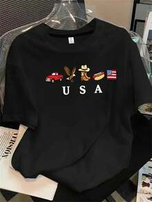 Top de mujer de manga corta y cuello redondo con un personaje de dibujos animados, la bandera estadounidense y un estampado de un coche de fondo, apto para todas las estaciones. - Negro - Ver 1