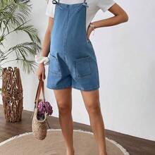 Shorts vaqueros cortos sencillos con tirantes y bolsillo para maternidad, uso casual diario - Azul - Ver 8