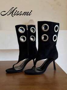 2026 Nuevas Botas hasta la rodilla con fruncido y tacón de gatito, Botas de montar retro con punta puntiaguda por encima de la rodilla, Chanclas - Negro - Ver 1