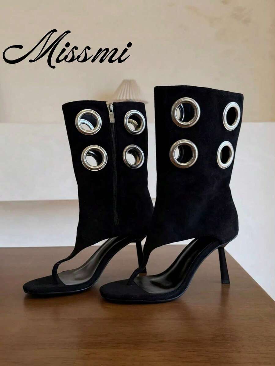 2026 Nuevas Botas hasta la rodilla con fruncido y tacón de gatito, Botas de montar retro con punta puntiaguda por encima de la rodilla, Chanclas - Negro - Ver 1