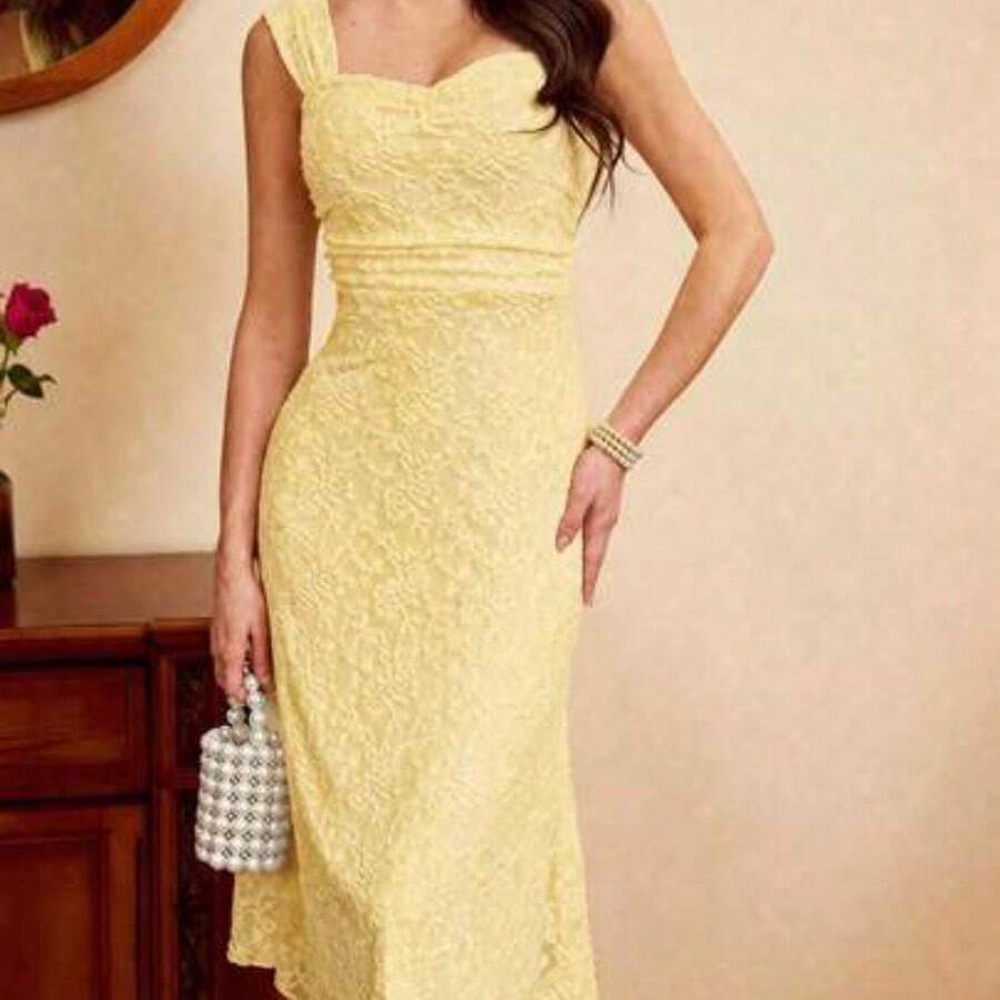 jianchaimaoyi02 Vestido ajustado con estampado floral vintage, tirantes ajustables, cintura entallada, longitud hasta la rodilla, fondo color albaricoque con flores rosas - Amarillo claro - Ver 1
