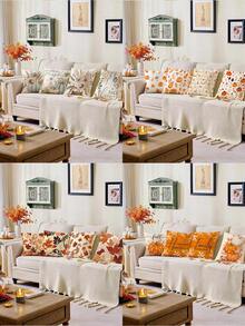 4 piezas de fundas de cojín decorativas de otoño de 18x18 pulgadas con patrones de calabaza, hoja de arce, girasol, trigo y hoja de eucalipto, estilo granja de cosecha de otoño, poliéster, estilo nórdico, adecuadas para sala de estar, sofá, cama y decoración del hogar al aire libre (relleno de cojín no incluido) - Multicolor - Ver 1