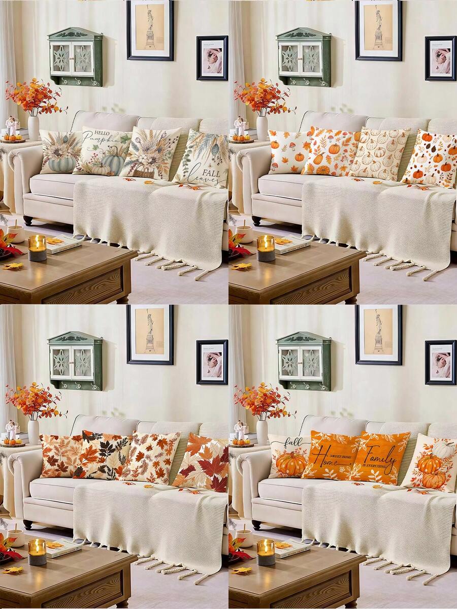 4 piezas de fundas de cojín decorativas de otoño de 18x18 pulgadas con patrones de calabaza, hoja de arce, girasol, trigo y hoja de eucalipto, estilo granja de cosecha de otoño, poliéster, estilo nórdico, adecuadas para sala de estar, sofá, cama y decoración del hogar al aire libre (relleno de cojín no incluido) - Multicolor - Ver 1