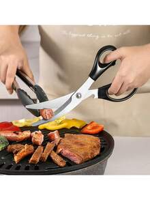 Multi-Functional Kitchen Scissors, Shiny Elbow BBQ Scissors, Stainless Steel Suitable For Chicken, Vegetables, Steak And Grilling, Red/Black - Multicolor - View 1