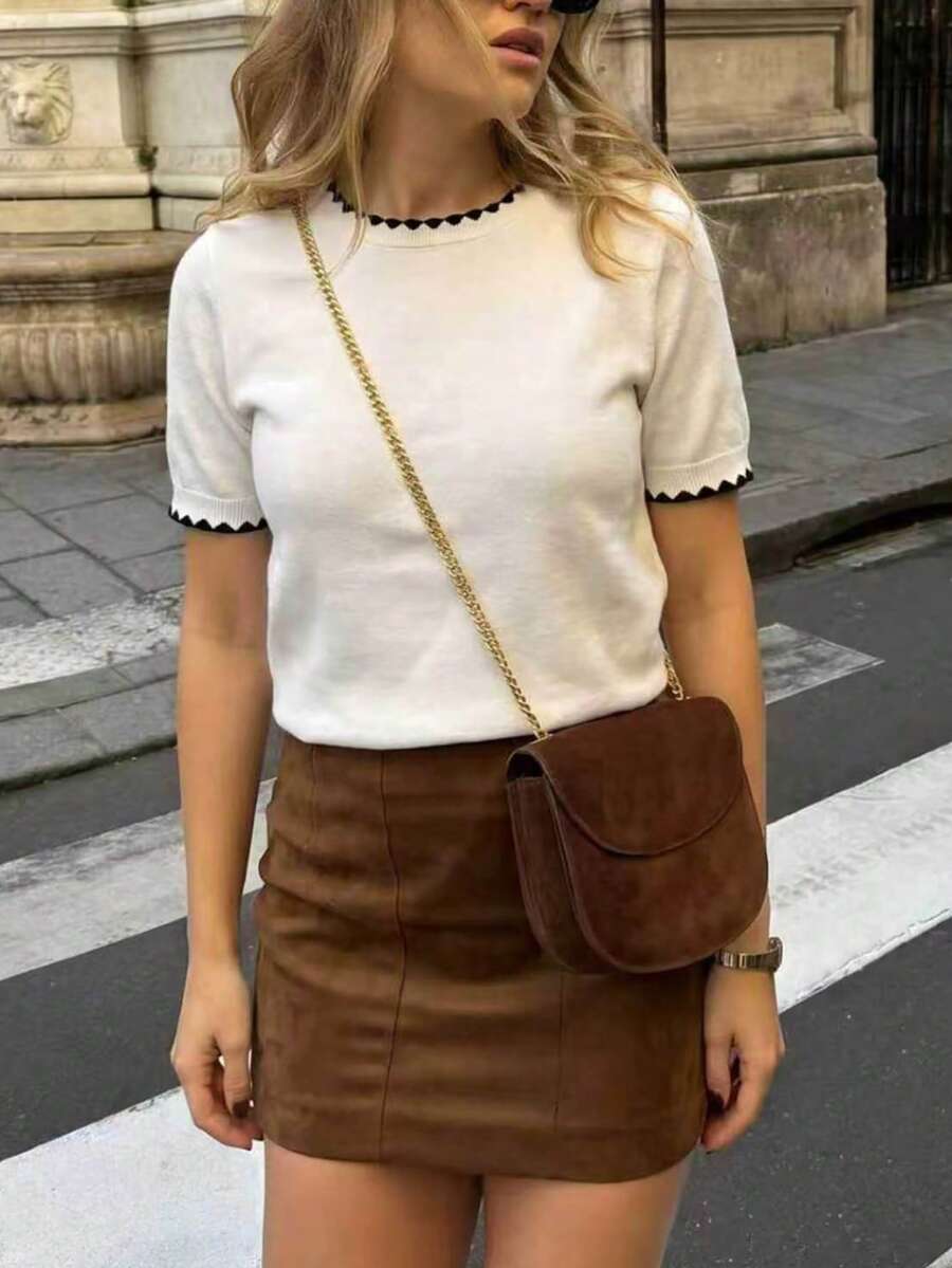 Women's Knit Crew Neck Short Sleeve Top, Commuting & Casual Wear, Summer - Off White - View 1