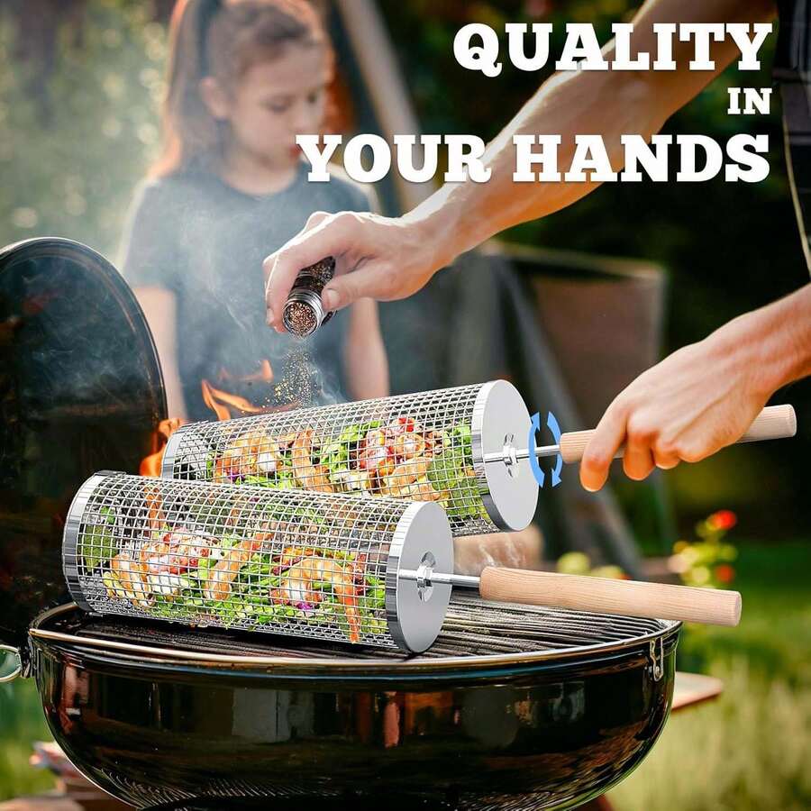 1/2pcs Rotating Grill Basket, Detachable Handle, 304 Stainless Steel, Nesting Grill Tool, Smoking And Grilling Accessory - Perfect For Vegetables, Outdoor Cooking And Camping; Birthday Gift For Men, Fathers And Husbands
