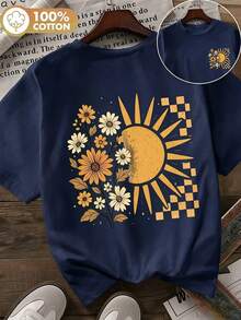 Damen Herbst 100% Baumwolle Oversized Kurzarm Rundhals T-Shirt mit Boho Blumen Sonnen Muster für Mode Lässig, Outdoor, Y2K, Streetwear - Marineblau- - Übersicht 8
