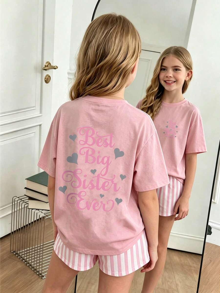 Camiseta de cuello redondo de manga corta con estampado gráfico informal para niñas preadolescentes, top de verano - Rosa - Ver 1