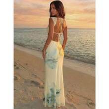 Sleeveless Printed Dress With Lace New - 藍白色 - 查看 7