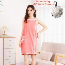 Ladies' Bath Towel, Pocket Wearable Bath Towel, Ultra Soft Adjustable Bathrobe, Bathroom Beach Swimming Changing Clothes, Ideal Household Items, Beach Essentials, Coral Fleece Bath Skirt, Multifunctional Bath Towel+Bath Flower - Bean Paste Color - View 2