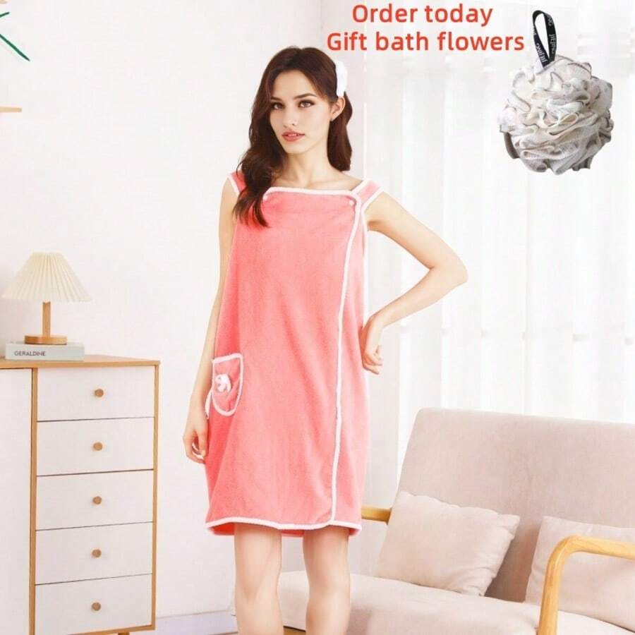 Ladies' Bath Towel, Pocket Wearable Bath Towel, Ultra Soft Adjustable Bathrobe, Bathroom Beach Swimming Changing Clothes, Ideal Household Items, Beach Essentials, Coral Fleece Bath Skirt, Multifunctional Bath Towel+Bath Flower