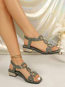 New Arrival Women's High Heel Sandals, Geometric Pattern Beach PU Leather Hollow-Out High Heel Sandals For Beach, Wedding, Party, Summer - Dark Green - View 6