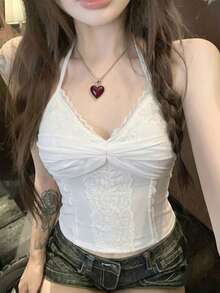 夏季優雅甜美性感風蕾絲細肩帶吊帶上衣，新款夏季扭腰收腰短版V領內搭休閒白色 - 白色 - 查看 2