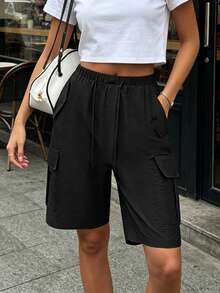 Women's Lightweight Multi-Pocket Khaki Shorts, Summer Drawstring Elastic Waist Comfortable Casual Sports Golf Loose Shorts - Black - View 3