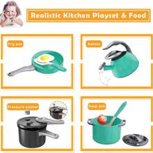 Juego de cocina para niños, juego de cortar alimentos para niños, alimentos de juego simbólico frutas y verduras educativas, ollas y sartenes de tamaño realista, verde y rosa adecuado para niños y niñas para jugar, incluye cocinar, saltear, cortar verduras y otros utensilios de cocina - Multicolor - Ver 3