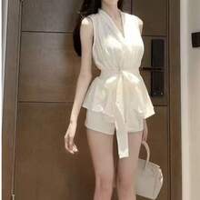 New Summer 2026 Collection: French Sweet Chiffon Blouse, Frilled Sleeves, Versatile Top With Ribbon - White - View 2