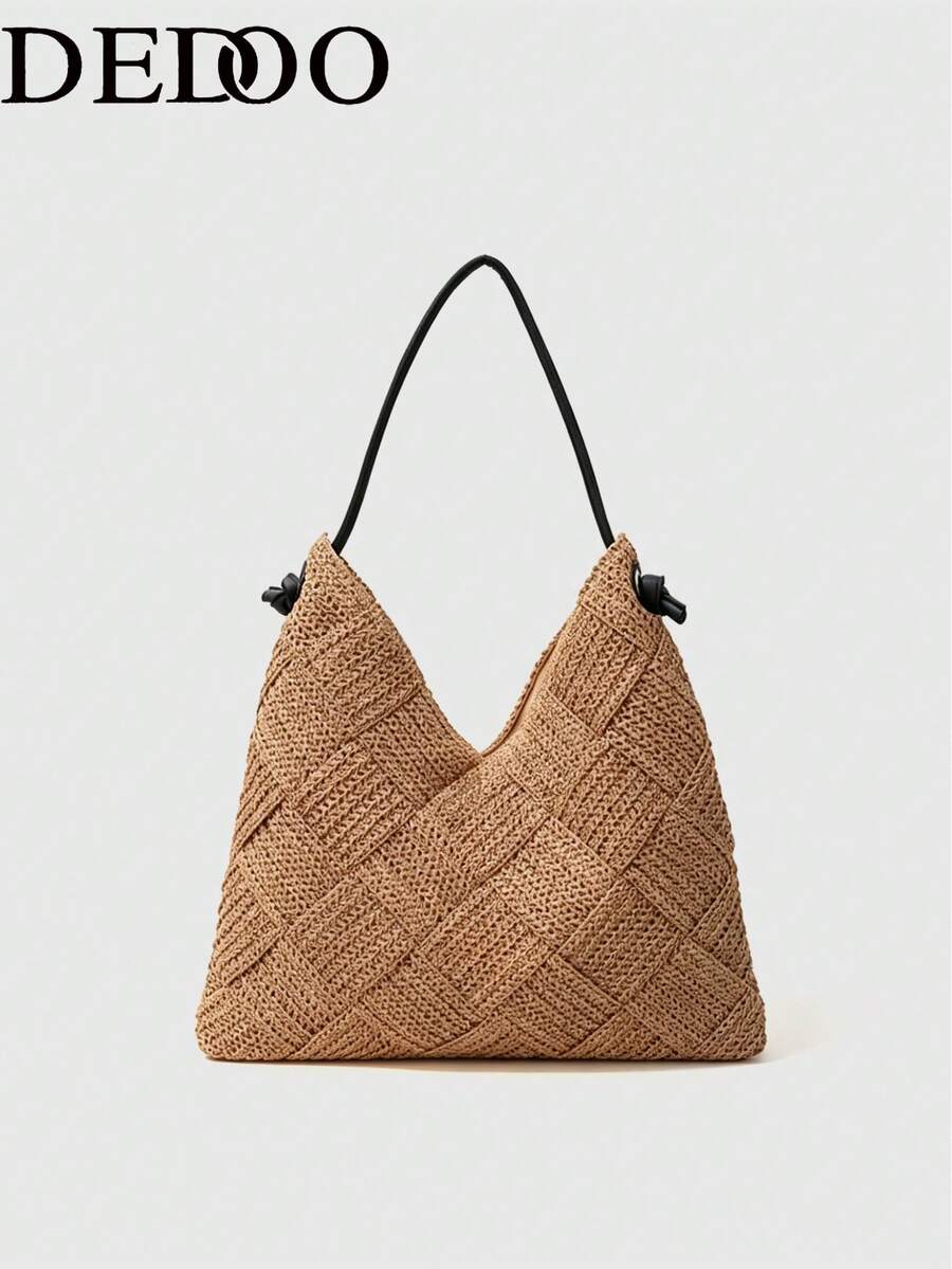 Dedoo Bolsa tote triangular clássica e grande, estilo primavera/verão, com abertura em V, modelagem solta e casual, confeccionada em tecido de alta capacidade. Ideal para profissionais que trabalham em escritórios e precisam transportar laptops, documentos, etc. Acompanha alça de ombro em Preto de alta qualidade, podendo ser usada no ombro ou transversalmente. Perfeita para passeios, deslocamentos diários, férias na praia ou feiras de fim de semana. - Caqui - Ver 1