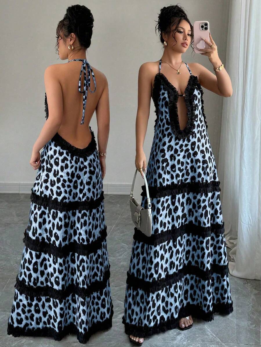 xheBreezaya Vestido de playa negro con estampado de leopardo y encaje en la espalda descubiertaxhe - Azul - Ver 1