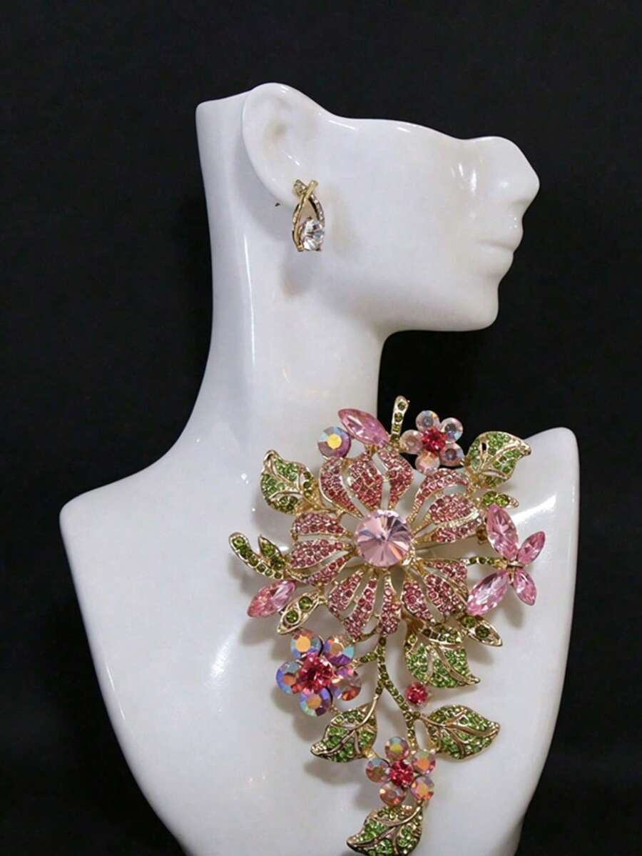 1pc Luxury Crystal Brooch, Flower And Tree Of Life Design, Fully Rhinestone, Vintage Court Elegant Style Women's Daily Outfit Decorative Brooch - Pink - View 1
