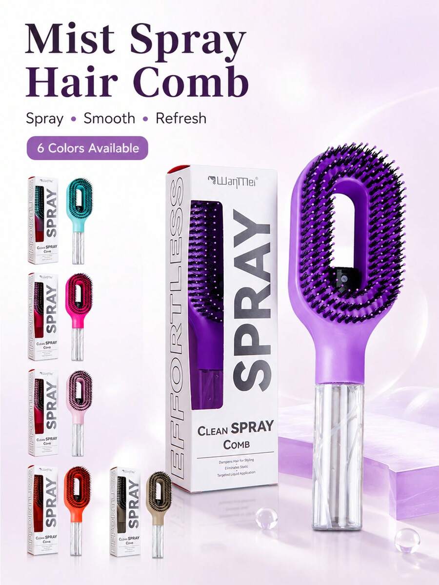 1pc Portable Spray Hair Comb, Multi Color Wet Dry Styling Brush With Built In Water Mist Bottle, Oval Airflow Brush Head And Smooth Comb Teeth, Anti Knot Hair Care Tool For Women Girls Curly Wavy Thick Hair, Home Travel Salon Use - Multicolor - View 1
