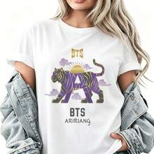 Bangtan Boys Tiger Graphic T-Shirt Officially Licensed K-Pop Arirang Themed Purple And Gold Tiger Sun Cloud Print Short Sleeve Cotton Tee - 白色 - 查看 2