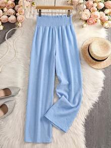 Women's Fashion Polyester Wide Leg Pants, Drawstring Waist Ruched Decor, Non-Stretch Fabric - Blue - View 2