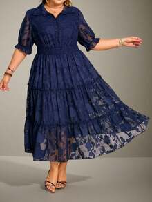 Flouryn Vestido casual de talla grande para mujer con cintura elástica fruncida, manga corta y de gasa, largo midi - Azul marino - Ver 1