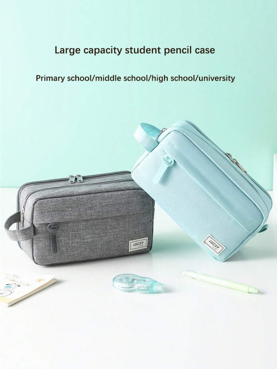 1 pièce Sac de papeterie à main de couleur unie, trousse à crayons en tissu Oxford à double couche, pochette de papeterie portable avec double fermeture éclair, sac à crayons grande capacité pour les élèves du primaire, du collège, du lycée et de l'université, fournitures de rentrée scolaire