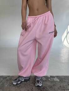 Black Oversized Wide-Leg Sweatpants, Women's High Waist Streetwear Joggers With Letter Print - 粉色 - 查看 3