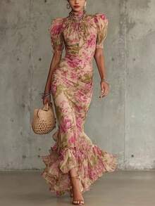Elegant French Retro Style Chiffon Fishtail Dress For Vacation - 粉色 - 查看 6