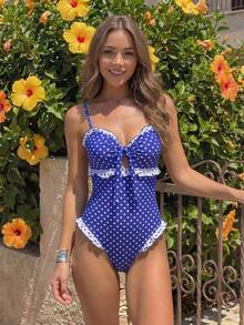Bodysuit Polkadot Elastis Tinggi untuk Wanita dengan Hiasan Ruffle, Cocok untuk Liburan Pantai Musim Panas - Purple - View 2