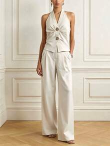 Women's Spring/Autumn Lace Patchwork Single-Breasted Long Sleeve V-Neck Blouse And Long Pants Casual Suit Summer - Apricot - View 8