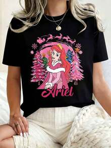 Disney Women Round Neck T Shirt Ariel Princess Christmas Tree Snowflake Santa Sleigh Print Holiday Winter 220g - 黑色 - 查看 1