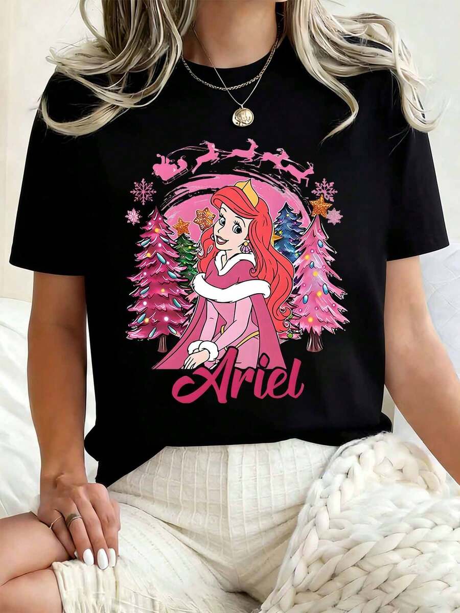 Disney Women Round Neck T Shirt Ariel Princess Christmas Tree Snowflake Santa Sleigh Print Holiday Winter 220g - 黑色 - 查看 1