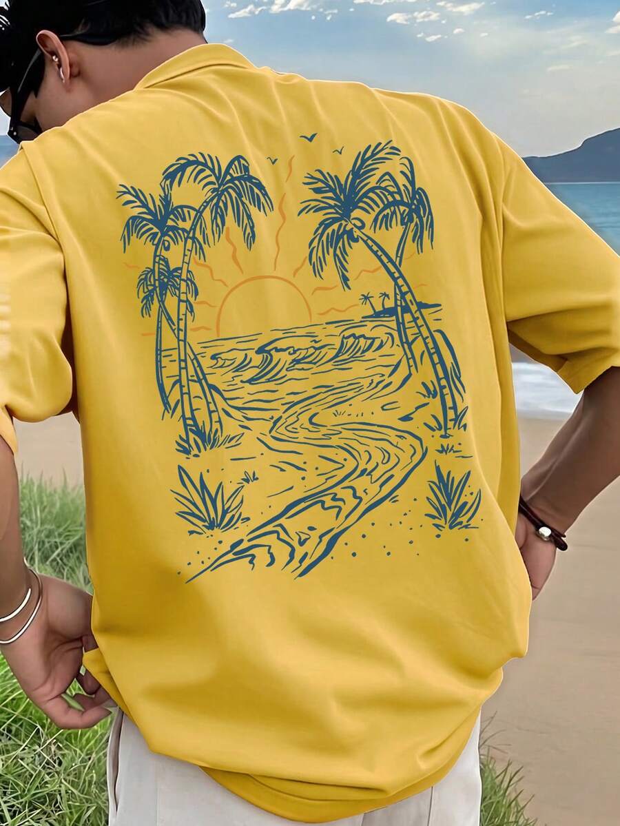 Kaos Lengan Pendek Pria Gaya Liburan Pantai Motif Pulau | Cocok Untuk Pakaian Musim Panas | Nyaman dan Bernapas | Memimpin Tren Fesyen
