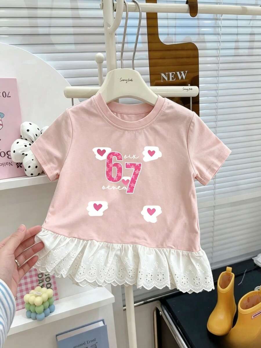 Young Girls Pink Casual Short Sleeve T-Shirt, 67 Number & Heart Cloud Print Tee With Lace Ruffle Hem, Summer Crew Neck Tops For Infant Girls - Pink - View 1