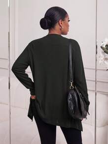 SHEIN Lady CURVE 大码女式纯色秋季黑色带口袋毛衣开衫 - 黑色 - 查看 2