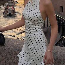 dagjydgfyja Vestido mini versátil de moda primavera/verano 2026, apto para uso diario, casual, commute, estilo callejero, retro, sexy, espalda descubierta y talla grande ocasiones, diseño de cuello halter en contraste negro y blanco, estampado en todo el vestido, elegante para fiestas - Rosa - Ver 4