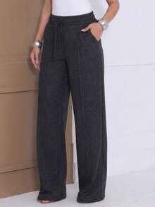 Women's Cold Weather Ribbed Knit Pants, Wide Leg, High Waist, Comfortable, Casual Fashion - 黑色 - 查看 1